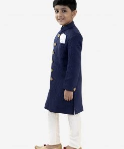 JBN Creation Boys Navy Blue Quilted Indowestern Sherwani And Churidar Set