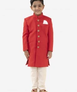 JBN Creation Boys Red Quilted Indowestern Sherwani And Churidar Set
