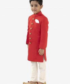 JBN Creation Boys Red Quilted Indowestern Sherwani And Churidar Set
