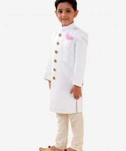 JBN Creation Boys White Quilted Indowestern Sherwani And Churidar Set