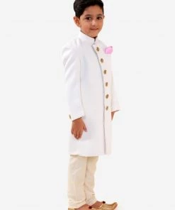 JBN Creation Boys White Quilted Indowestern Sherwani And Churidar Set