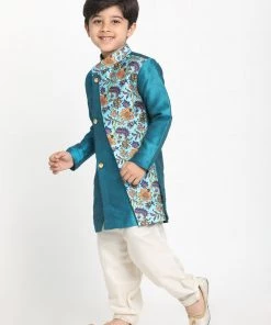 JBN Creation Boys Multicolor-Base-Blue Silk Blend Kurta And Patiala Set