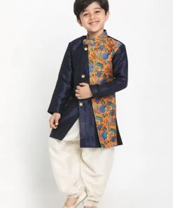 JBN Creation Boys Multicolor-Base-Navy Blue Silk Blend Kurta And Patiala Set