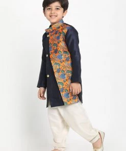JBN Creation Boys Multicolor-Base-Navy Blue Silk Blend Kurta And Patiala Set