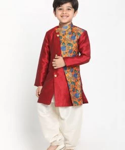 JBN Creation Boys Multicolor-Base-Red Silk Blend Kurta And Patiala Set