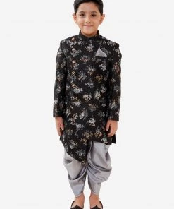 JBN Creation Boys Black And Grey Angrakha Style Indowestern Sherwani And Dhoti Set