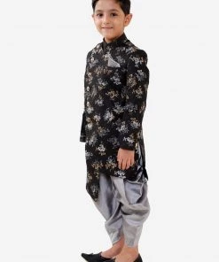 JBN Creation Boys Black And Grey Angrakha Style Indowestern Sherwani And Dhoti Set