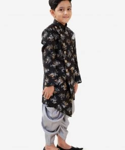 JBN Creation Boys Black And Grey Angrakha Style Indowestern Sherwani And Dhoti Set