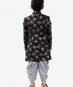 JBN Creation Boys Black And Grey Angrakha Style Indowestern Sherwani And Dhoti Set