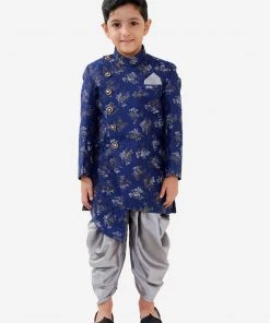JBN Creation Boys Blue And Grey Angrakha Style Indowestern Sherwani And Dhoti Set