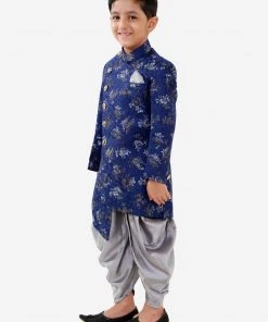 JBN Creation Boys Blue And Grey Angrakha Style Indowestern Sherwani And Dhoti Set
