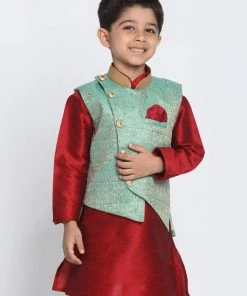 JBN Creation Boys' Green Cotton Silk Blend Nehru Jacket