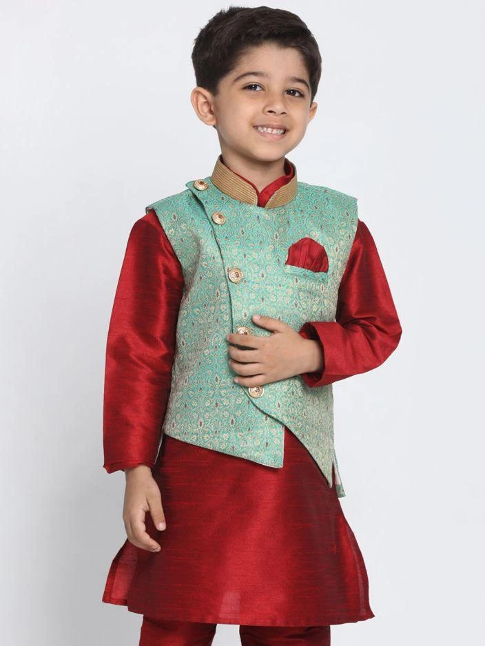 JBN Creation Boys' Green Cotton Silk Blend Nehru Jacket 3 JBN Creation Boys' Green Cotton Silk Blend Nehru Jacket