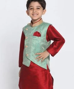 JBN Creation Boys' Green Cotton Silk Blend Nehru Jacket
