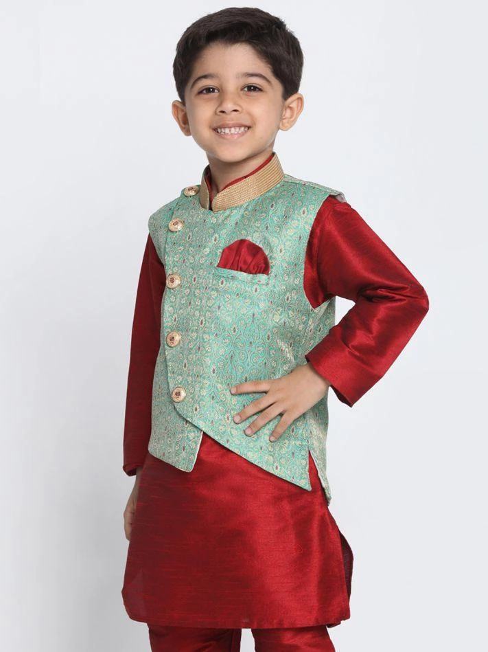 JBN Creation Boys' Green Cotton Silk Blend Nehru Jacket 4 JBN Creation Boys' Green Cotton Silk Blend Nehru Jacket