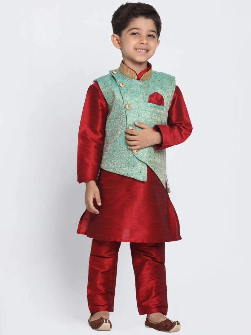 JBN Creation Boys' Green Cotton Silk Blend Nehru Jacket 7 JBN Creation Boys' Green Cotton Silk Blend Nehru Jacket