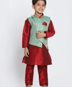 JBN Creation Boys' Maroon Silk Blend Kurta, Nehru Jacket And Pyjama Set