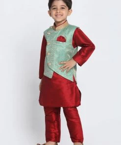 JBN Creation Boys' Maroon Silk Blend Kurta, Nehru Jacket And Pyjama Set