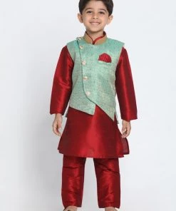 JBN Creation Boys' Maroon Silk Blend Kurta, Nehru Jacket And Pyjama Set