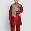 JBN Creation Boys' Maroon Silk Blend Kurta, Nehru Jacket And Pyjama Set