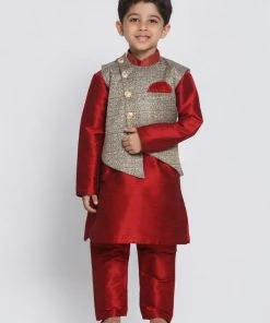 JBN Creation Boys' Maroon Silk Blend Kurta, Nehru Jacket And Pyjama Set