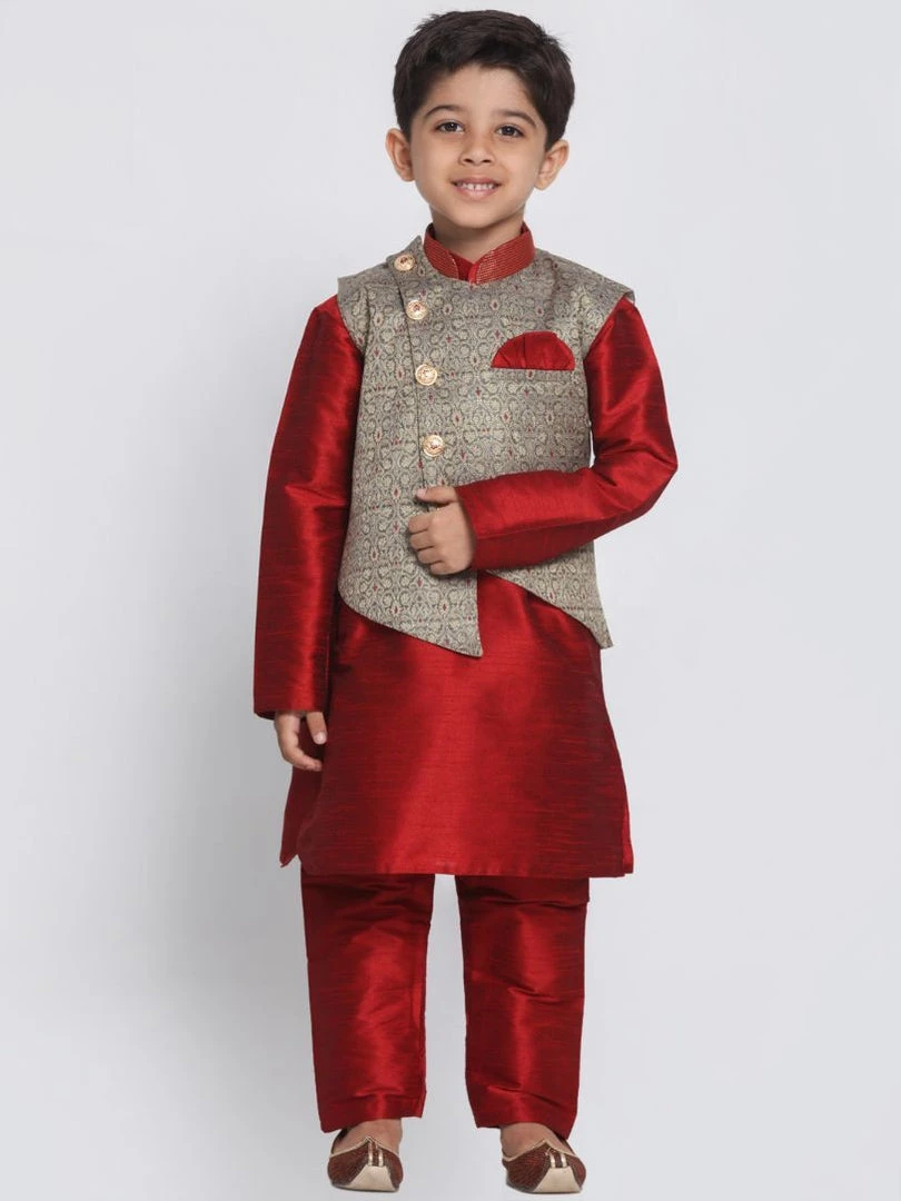 JBN Creation Boys' Maroon Silk Blend Kurta, Nehru Jacket And Pyjama Set 3 JBN Creation Boys' Maroon Silk Blend Kurta, Nehru Jacket And Pyjama Set