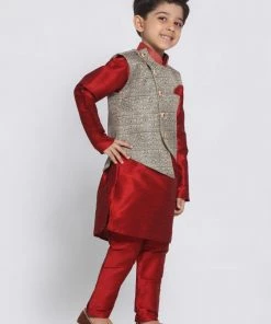 JBN Creation Boys' Maroon Silk Blend Kurta, Nehru Jacket And Pyjama Set 10 JBN Creation Boys' Maroon Silk Blend Kurta, Nehru Jacket And Pyjama Set
