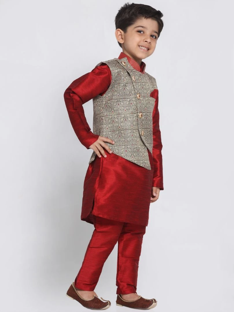 JBN Creation Boys' Maroon Silk Blend Kurta, Nehru Jacket And Pyjama Set 4 JBN Creation Boys' Maroon Silk Blend Kurta, Nehru Jacket And Pyjama Set