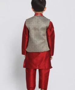 JBN Creation Boys' Maroon Silk Blend Kurta, Nehru Jacket And Pyjama Set 12 JBN Creation Boys' Maroon Silk Blend Kurta, Nehru Jacket And Pyjama Set