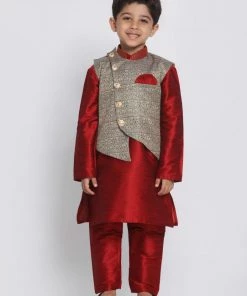 JBN Creation Boys' Maroon Silk Blend Kurta, Nehru Jacket And Pyjama Set 14 JBN Creation Boys' Maroon Silk Blend Kurta, Nehru Jacket And Pyjama Set