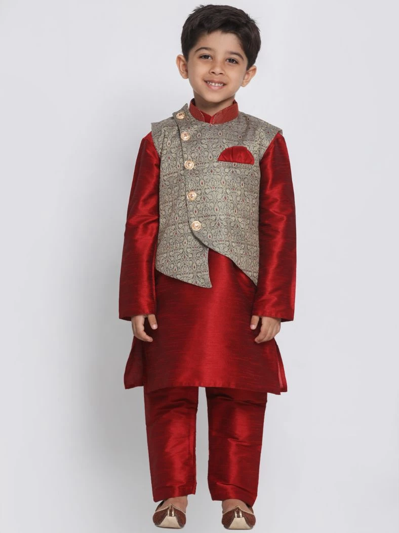 JBN Creation Boys' Maroon Silk Blend Kurta, Nehru Jacket And Pyjama Set 8 JBN Creation Boys' Maroon Silk Blend Kurta, Nehru Jacket And Pyjama Set