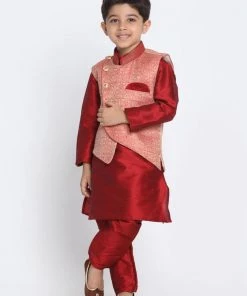 JBN Creation Boys' Maroon Silk Blend Kurta, Nehru Jacket And Pyjama Set