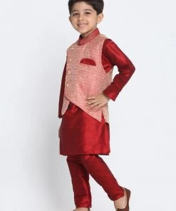 JBN Creation Boys' Maroon Silk Blend Kurta, Nehru Jacket And Pyjama Set