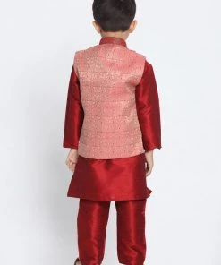 JBN Creation Boys' Maroon Silk Blend Kurta, Nehru Jacket And Pyjama Set