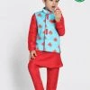 JBN Creation Boys' Quirky Print Nehru Jacket, Red Kurta And Pyjama Set