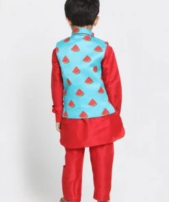 JBN Creation Boys' Quirky Print Nehru Jacket, Red Kurta And Pyjama Set