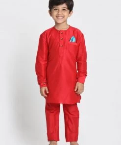 JBN Creation Boys' Quirky Print Nehru Jacket, Red Kurta And Pyjama Set