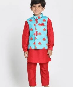 JBN Creation Boys' Quirky Print Nehru Jacket, Red Kurta And Pyjama Set