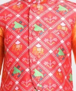 JBN Creation Boys' Ethnic Print Nehru Jacket, Orange Kurta And Pyjama Set Buy 1 Get 1