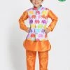 JBN Creation Boys' Elephant Print Nehru Jacket, Orange Kurta And Pyjama Set