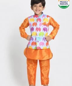 JBN Creation Boys' Elephant Print Nehru Jacket, Orange Kurta And Pyjama Set