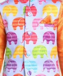 JBN Creation Boys' Elephant Print Nehru Jacket, Orange Kurta And Pyjama Set
