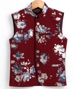 Vastramay Digital Foil Printed Maroon Nehru Jacket