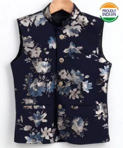 Vastramay Digital Foil Printed Navy Blue Nehru Jacket Buy 1 Get 1