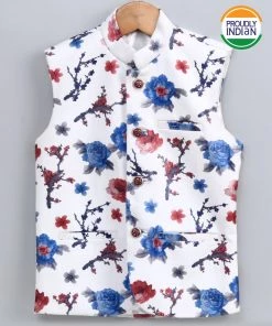 Vastramay Buy 1 Get 1 Imported Fabric Floral Print White Nehru Jacket