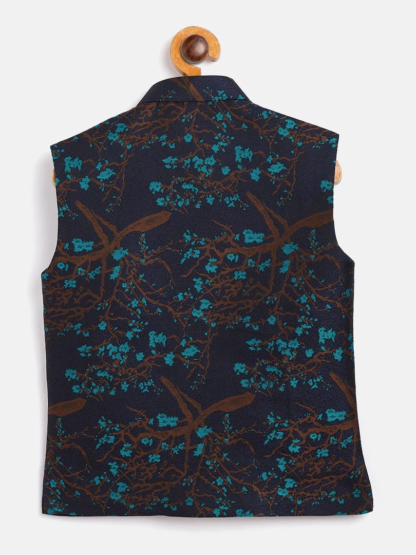 JBN Creation Boys' Turquoise And Black Jacquard Nehru Jacket 5 JBN Creation Boys' Turquoise And Black Jacquard Nehru Jacket