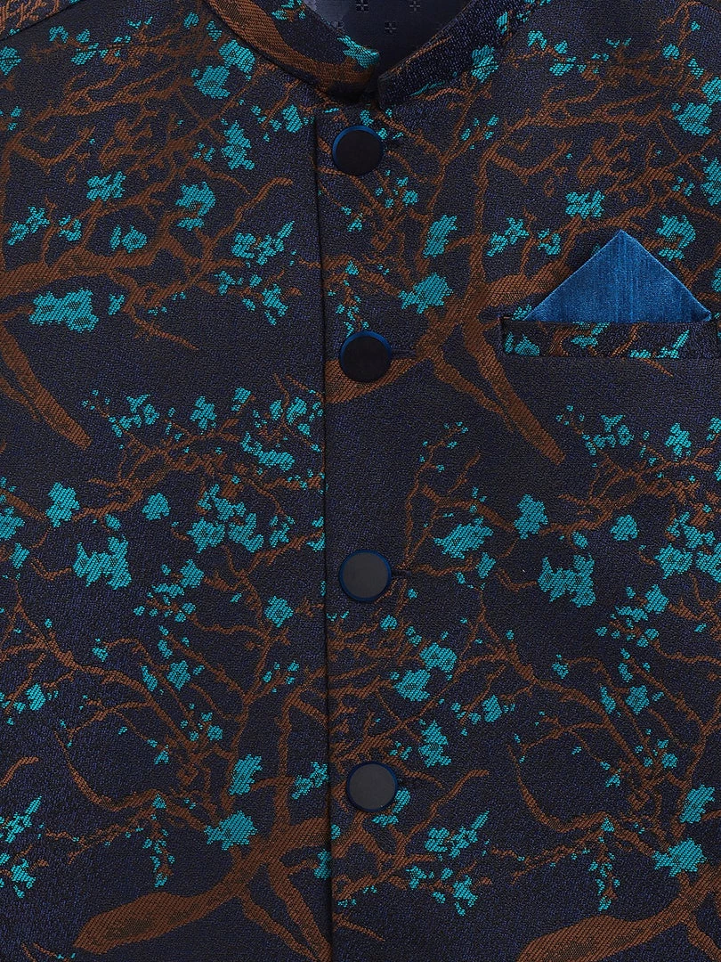 JBN Creation Boys' Turquoise And Black Jacquard Nehru Jacket 4 JBN Creation Boys' Turquoise And Black Jacquard Nehru Jacket