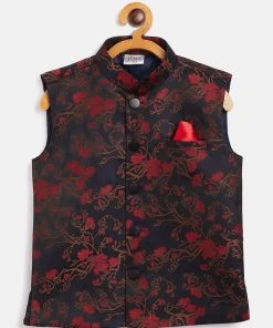JBN Creation Boys Maroon And Black Jacquard Nehru Jacket