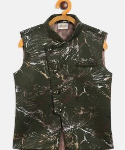 JBN Creation Boys Green Scuba Foil Print Nehru Jacket