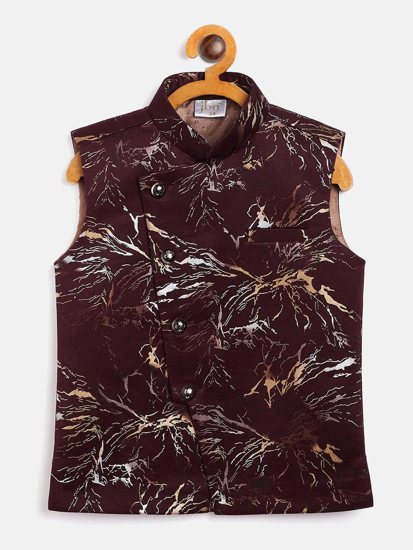 JBN Creation Boys Maroon Scuba Foil Print Nehru Jacket 3 JBN Creation Boys Maroon Scuba Foil Print Nehru Jacket